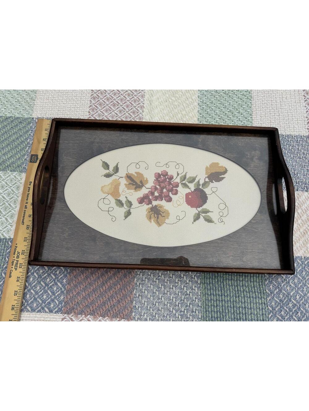Vintage Cottage core Needlepoint Tray with Glass Cover and Wooden Frame